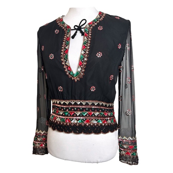 Marina Beaded Sequin Silk Sheer Blouse Black Y2K Whimsigoth Size S / M - Picture 4 of 11